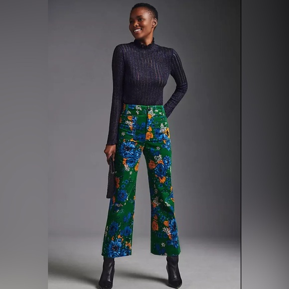 Anthropologie Pants - Anthropologie Maeve Colette Green Floral Velvet High-Waisted Wide-Leg Pants - 26